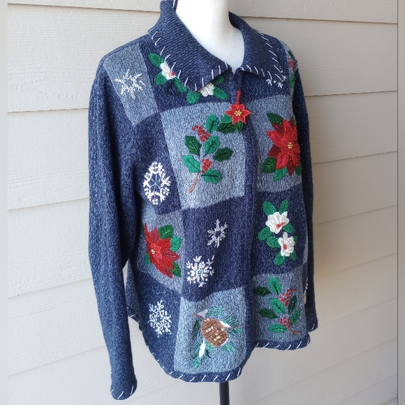 Tiara International Christmas Collection Blue Y2K Vintage Zip Up Sweater Jacket - Picture 2 of 16